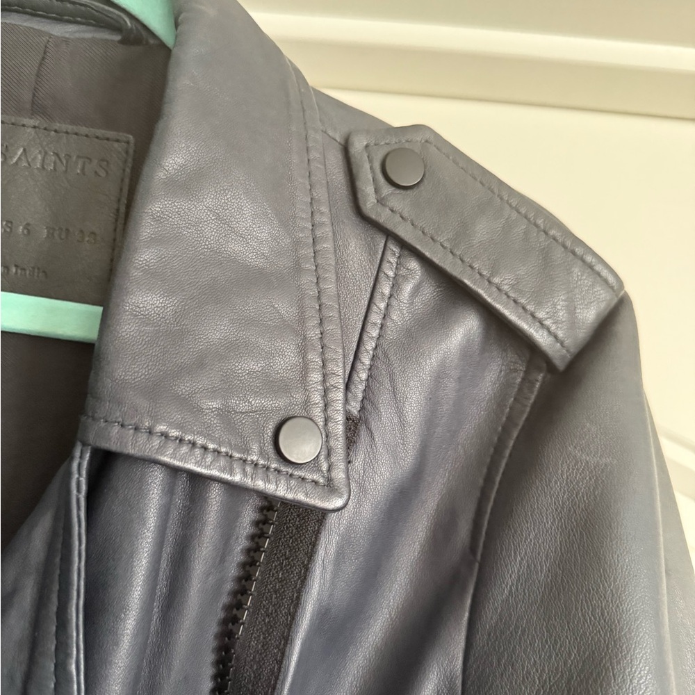 AllSaints Wyatt Biker Leather Jacket in Ink Blue - Picture 4 of 12